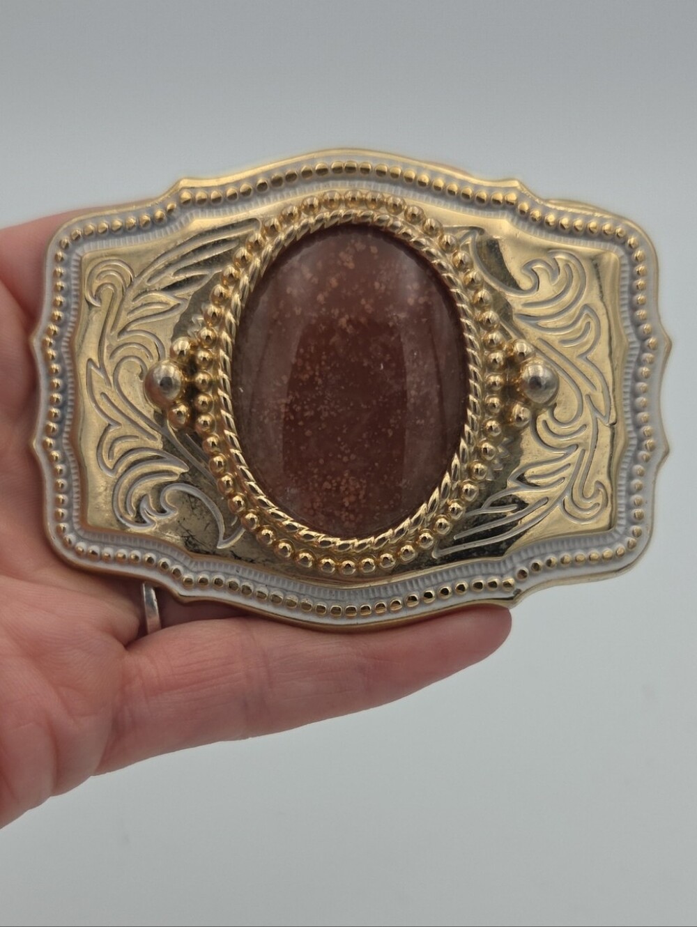 Vintage-Style Gold and Brown Stone Western Belt Buckle